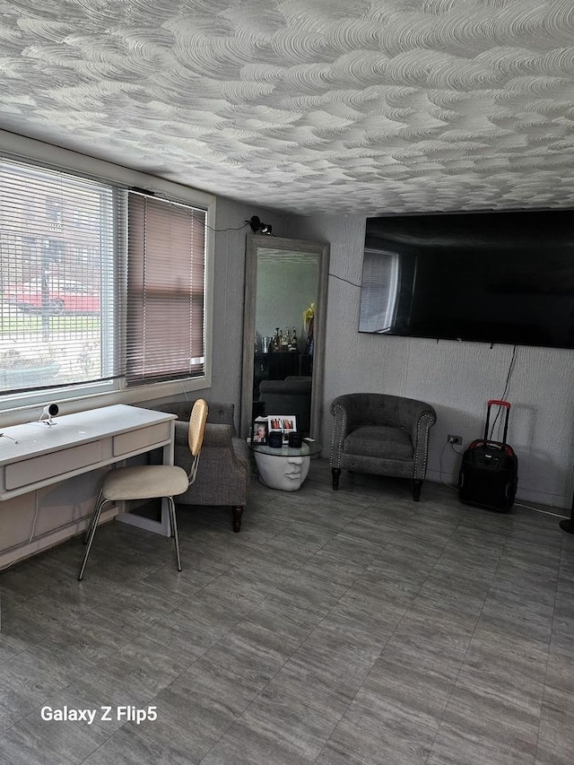 living area with a textured ceiling