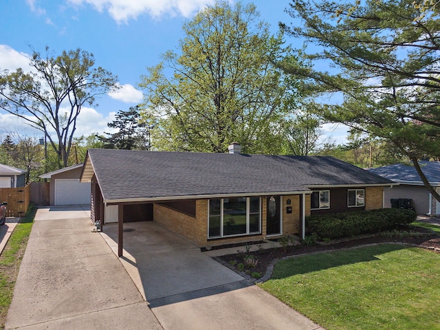 view of front facade with brick siding, a shingled roof, a carport, driveway, and a chimney