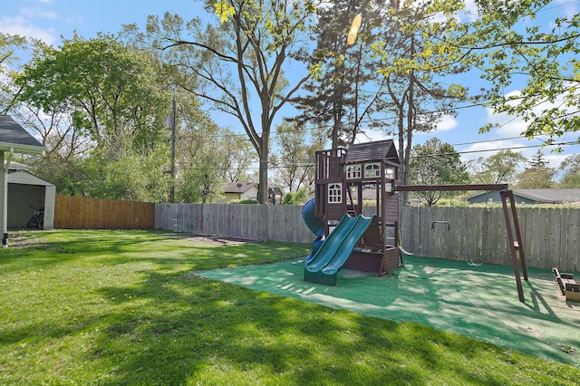view of jungle gym with a shed