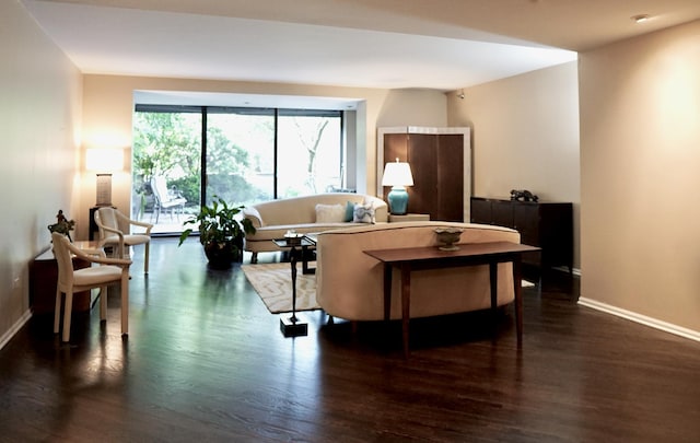 living area featuring baseboards and dark wood-style floors