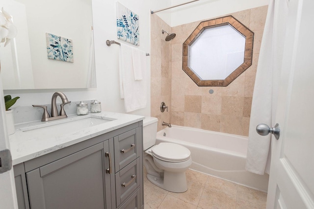 full bath with tile patterned floors, toilet, shower / tub combo with curtain, and vanity