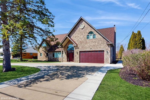 1838 N Windsor Dr, Arlington Heights, IL 60004 - view of front of house featuring a front lawn, roof with shingles, concrete driveway, an attached garage, and brick siding