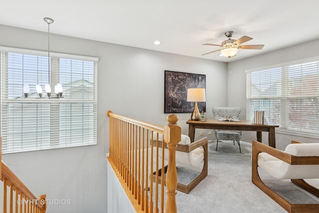carpeted office with ceiling fan and recessed lighting