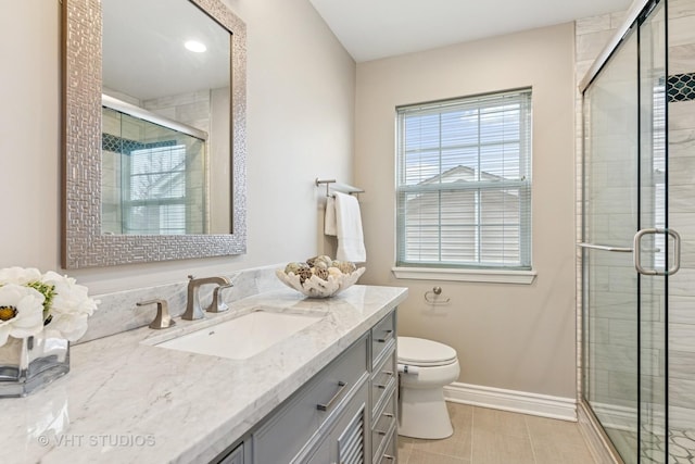 bathroom with toilet, baseboards, tile patterned flooring, a shower stall, and vanity