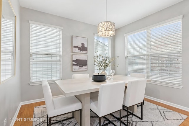 dining room with light wood finished floors and baseboards