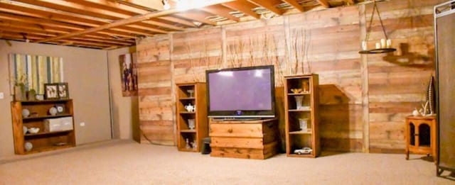 unfinished below grade area with wood walls and carpet flooring