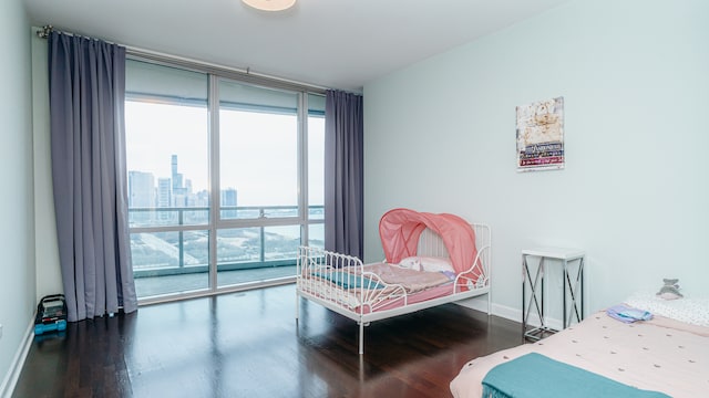 bedroom featuring floor to ceiling windows, wood finished floors, baseboards, and a city view