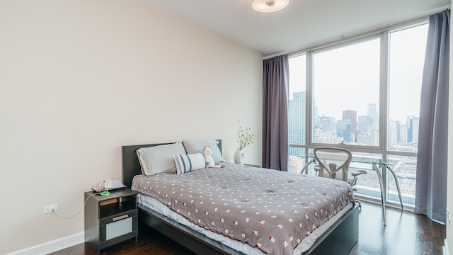 bedroom featuring wood finished floors, floor to ceiling windows, baseboards, and a view of skyline