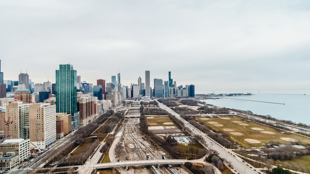 city view with a large body of water