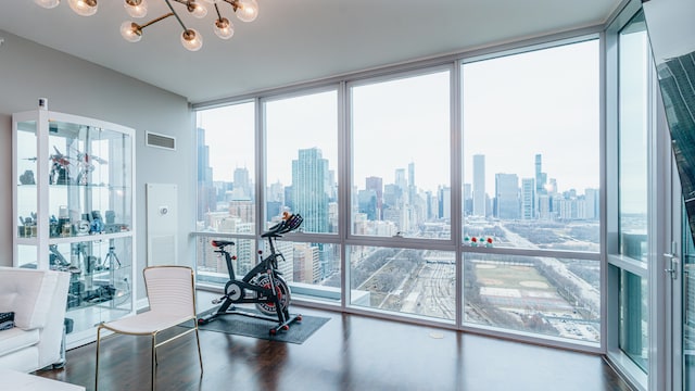 workout room featuring a skyline view, expansive windows, wood finished floors, and a chandelier