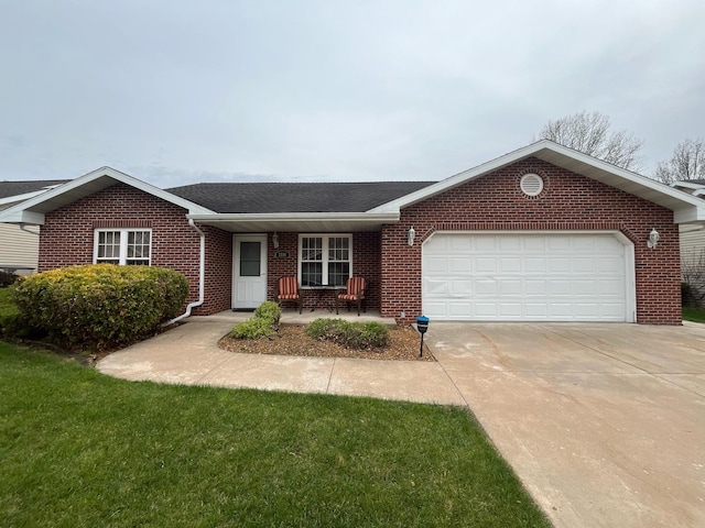 single story home featuring brick siding, an attached garage, a shingled roof, and driveway