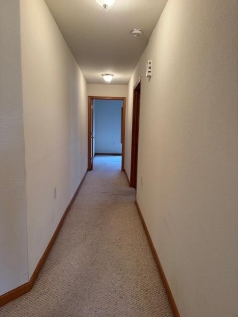 corridor with light carpet and baseboards