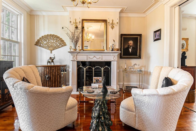 105 S High St, Galena, IL 61036 - living area featuring hardwood / wood-style floors, an inviting chandelier, and ornamental molding