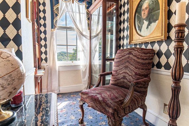 105 S High St, Galena, IL 61036 - sitting room featuring wallpapered walls, carpet flooring, and baseboards