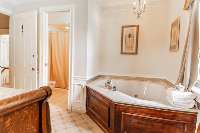 105 S High St, Galena, IL 61036 - full bath featuring a whirlpool tub, tile patterned floors, a notable chandelier, and a shower with curtain