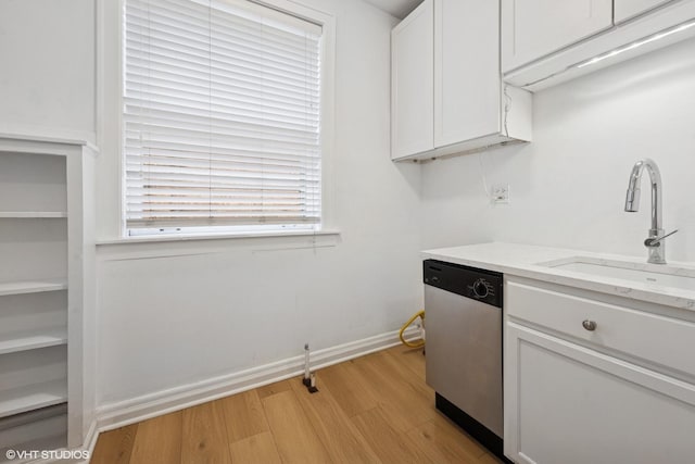 1225 W Lunt Ave Unit 2B, Chicago, IL 60626 - kitchen featuring dishwasher, white cabinetry, light wood-style flooring, and light stone countertops