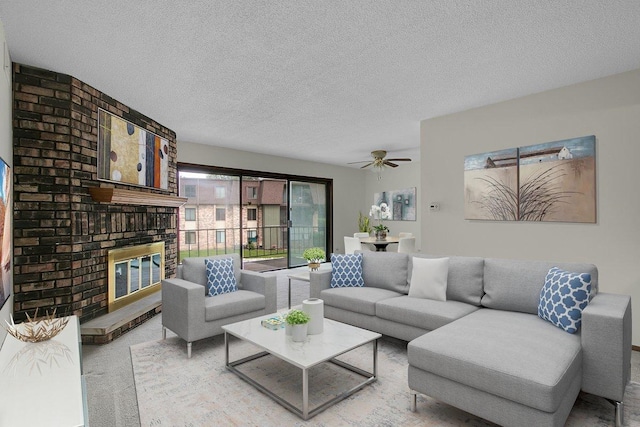 9178 S Rd E Unit D, Palos Hills, IL 60465 - carpeted living area with a brick fireplace, a textured ceiling, and a ceiling fan