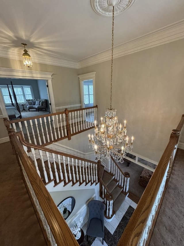 3009 Fox Glen Ct, Saint Charles, IL 60174 - staircase with a chandelier, crown molding, baseboards, and carpet