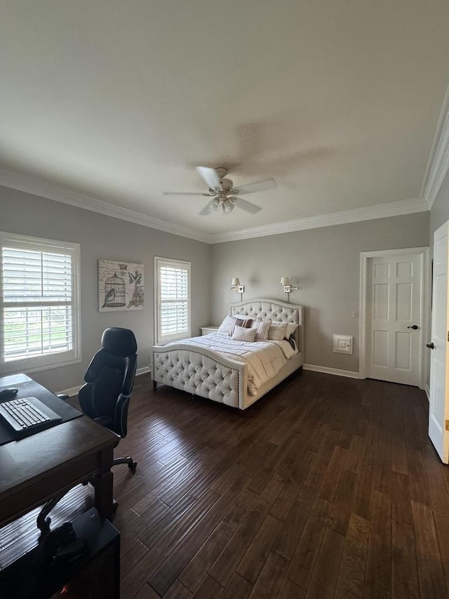 bedroom with baseboards, dark wood finished floors, and crown molding
