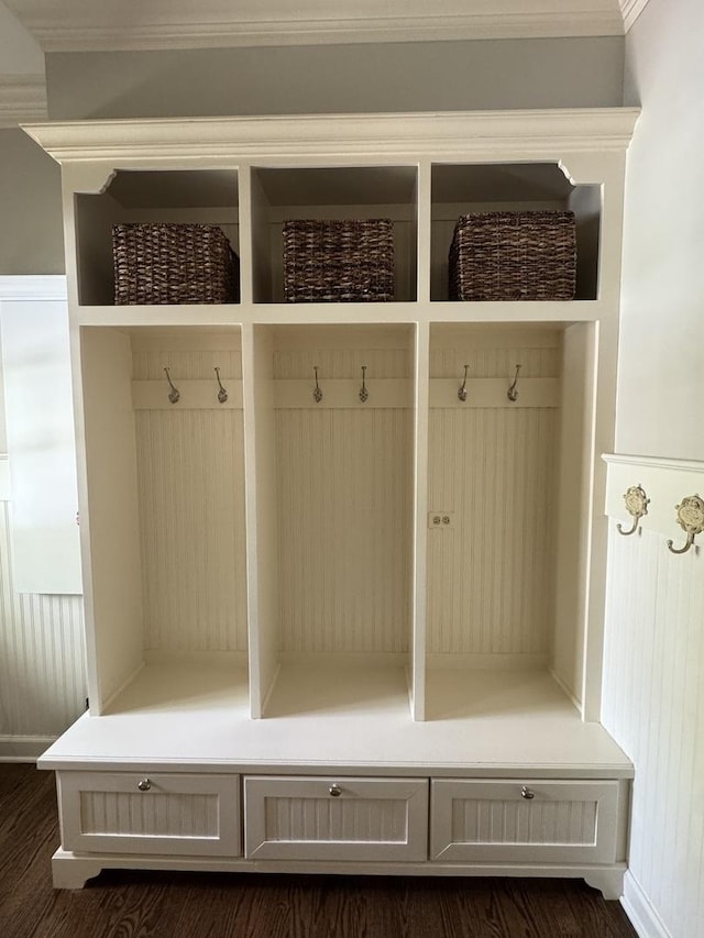 3009 Fox Glen Ct, Saint Charles, IL 60174 - mudroom with baseboards, ornamental molding, and dark wood-style floors