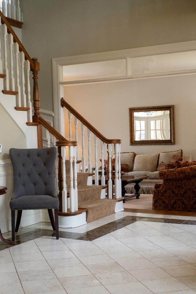 stairs with a towering ceiling