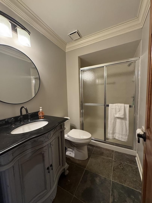 bathroom featuring visible vents, a shower stall, vanity, toilet, and ornamental molding