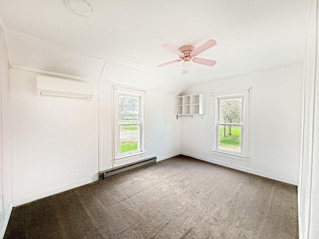 empty room featuring a wall mounted air conditioner, vaulted ceiling, a ceiling fan, a baseboard heating unit, and carpet floors