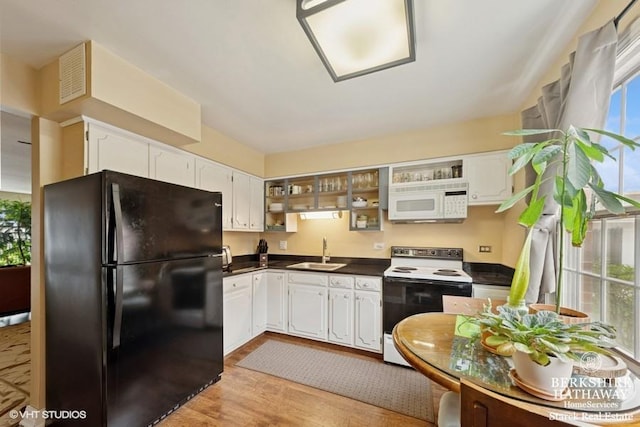 1502 Plymouth Pl Unit 1W, Glenview, IL 60025 - kitchen with range with electric stovetop, open shelves, a sink, freestanding refrigerator, and white microwave
