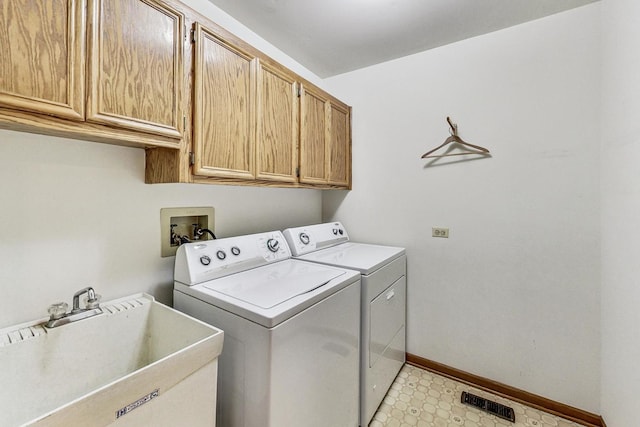 14506 Mallard Dr, Homer Glen, IL 60491 - clothes washing area featuring a sink, visible vents, baseboards, cabinet space, and washer and dryer