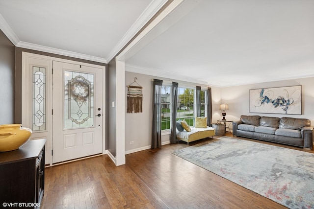entrance foyer featuring crown molding, dark wood-style flooring, and baseboards