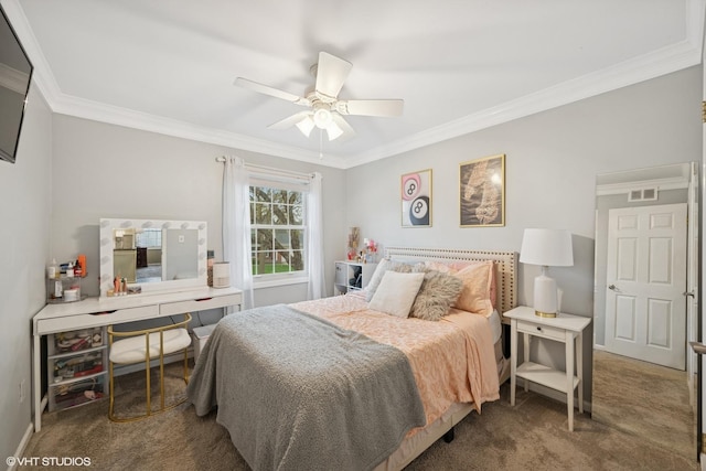 bedroom featuring carpet floors, visible vents, and ornamental molding
