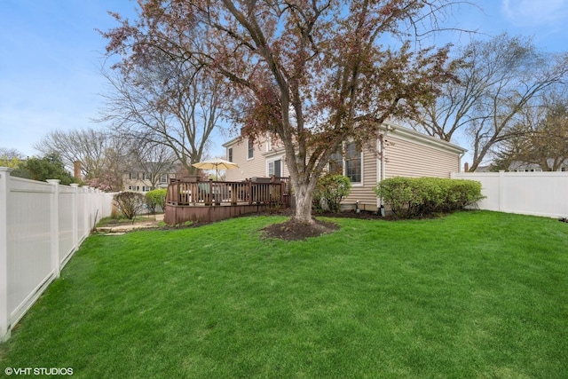 view of yard featuring a fenced backyard and a wooden deck