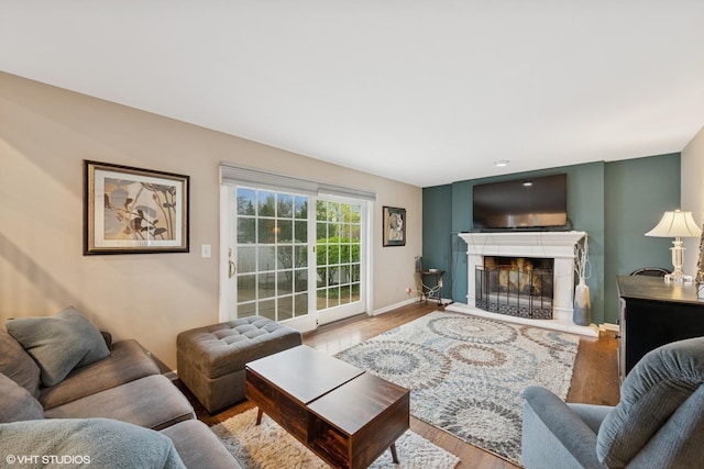 living area with baseboards, wood finished floors, and a lit fireplace