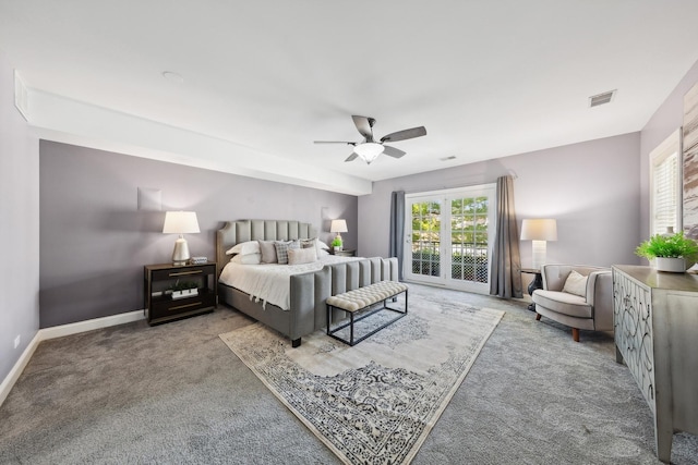 bedroom featuring baseboards, a ceiling fan, visible vents, access to exterior, and carpet