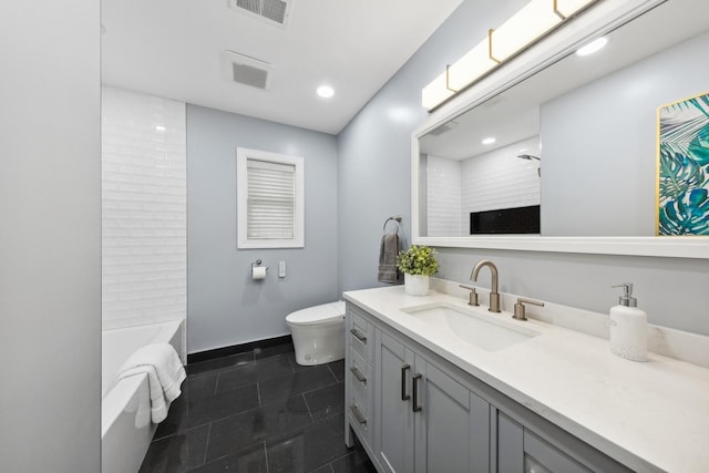 bathroom with vanity, baseboards, tile patterned flooring, toilet, and visible vents