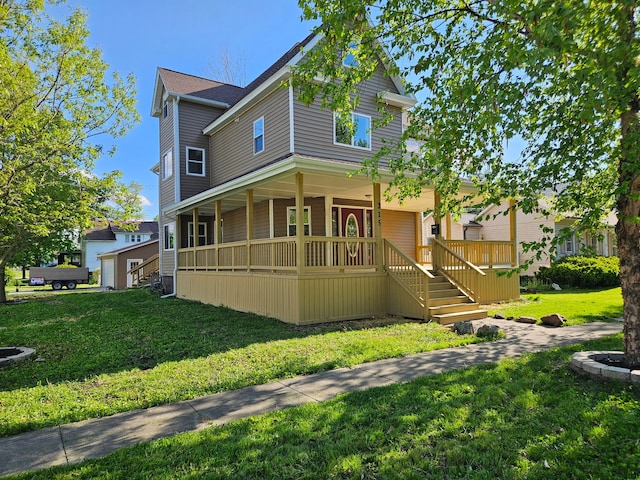 view of front of house with a porch, a front lawn, and stairs