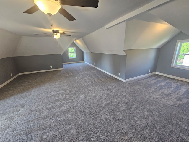 additional living space featuring baseboards, vaulted ceiling, plenty of natural light, and carpet floors