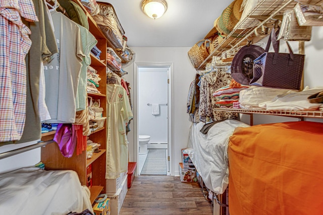 spacious closet featuring baseboard heating and wood finished floors