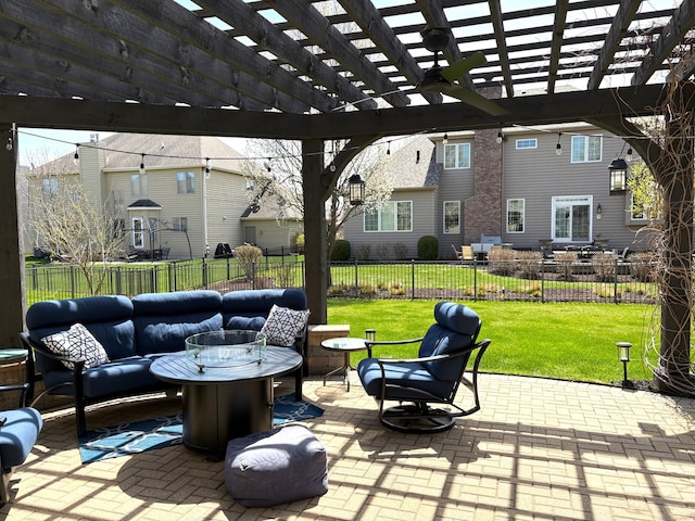 view of patio / terrace with fence, a pergola, and an outdoor living space