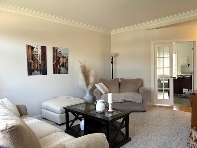 living room featuring crown molding and carpet flooring