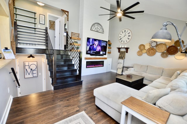 3707 Geneva Pl, Mchenry, IL 60050 - living area with a ceiling fan, high vaulted ceiling, stairway, and wood finished floors