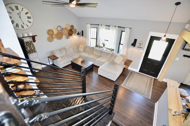 3707 Geneva Pl, Mchenry, IL 60050 - living area featuring a ceiling fan, vaulted ceiling, wood finished floors, and baseboards