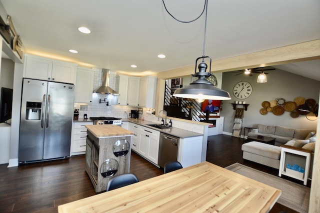 3707 Geneva Pl, Mchenry, IL 60050 - kitchen with wall chimney range hood, a sink, stainless steel appliances, open floor plan, and butcher block countertops