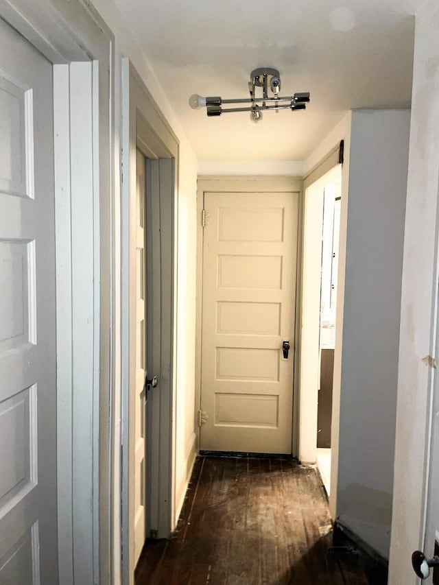 doorway to outside featuring baseboards and dark wood-style flooring