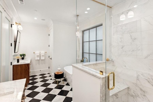 bathroom featuring visible vents, vanity, ornamental molding, a soaking tub, and a stall shower