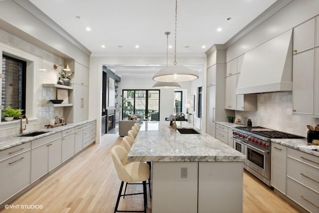 kitchen featuring a sink, crown molding, double oven range, decorative backsplash, and custom exhaust hood