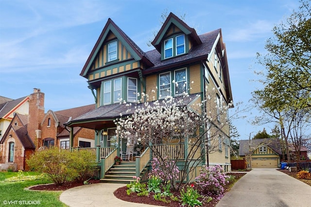 victorian-style house with a porch and roof with shingles
