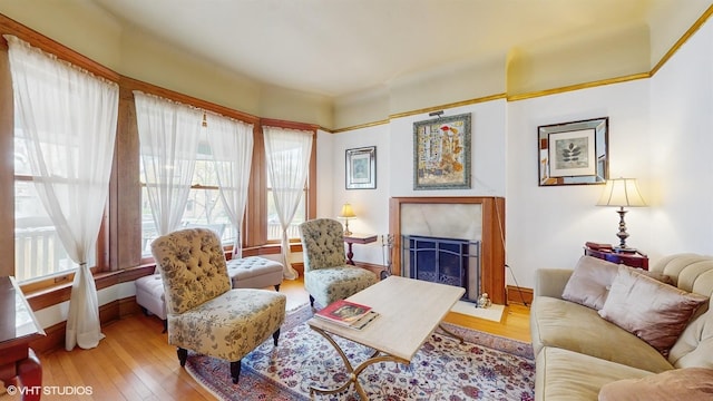 living area featuring baseboards, a fireplace with flush hearth, and wood-type flooring