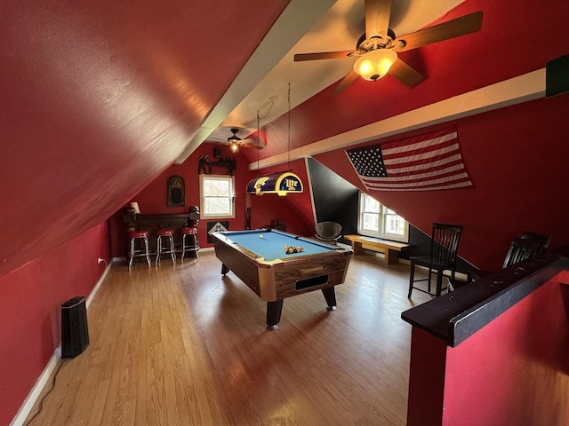 playroom featuring ceiling fan, wood finished floors, pool table, baseboards, and lofted ceiling