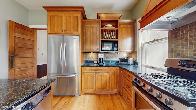 kitchen featuring custom exhaust hood, light wood-style flooring, appliances with stainless steel finishes, and decorative backsplash